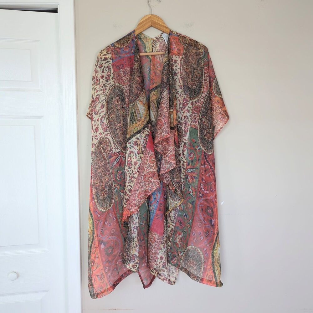 Chico's Chiffon Paisley Boho Printed Open Front Kimono Jacket L/XL Sheer